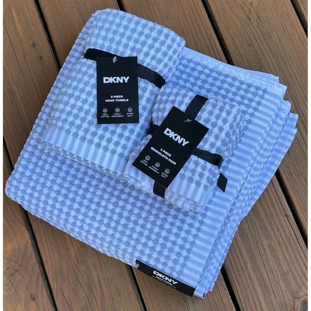 DKNY 2 Bath & 2 Hand Towels & 4 Washcloths Gingham Monet Tile Blue Check 8 Piece